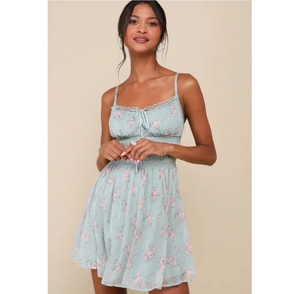 Lulus Flirty Dreamer Sage Floral Bustier Lace Ribbon Mini Dress Cottagecore NWT - Picture 1 of 6